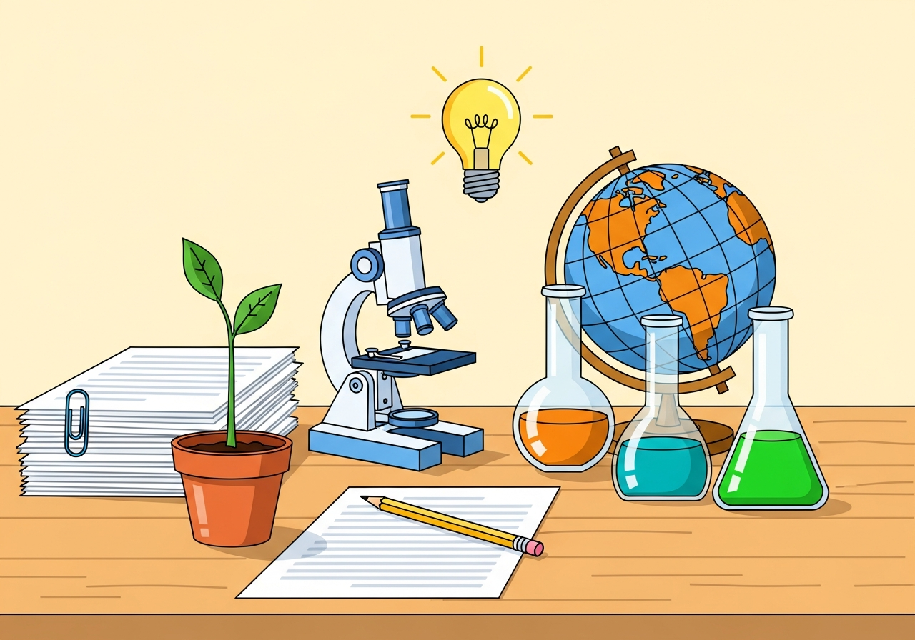 A bright classroom desk with a microscope, beakers, a globe, and a stack of printable science worksheets