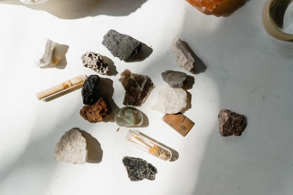A collection of assorted rocks and minerals arranged on a table, illustrative of earth science material study